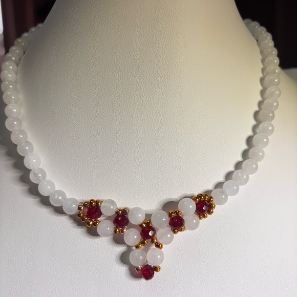 Hand Crafted Jewelry - White Jade Necklace embellished with Red and Gold Beads 16 inches.